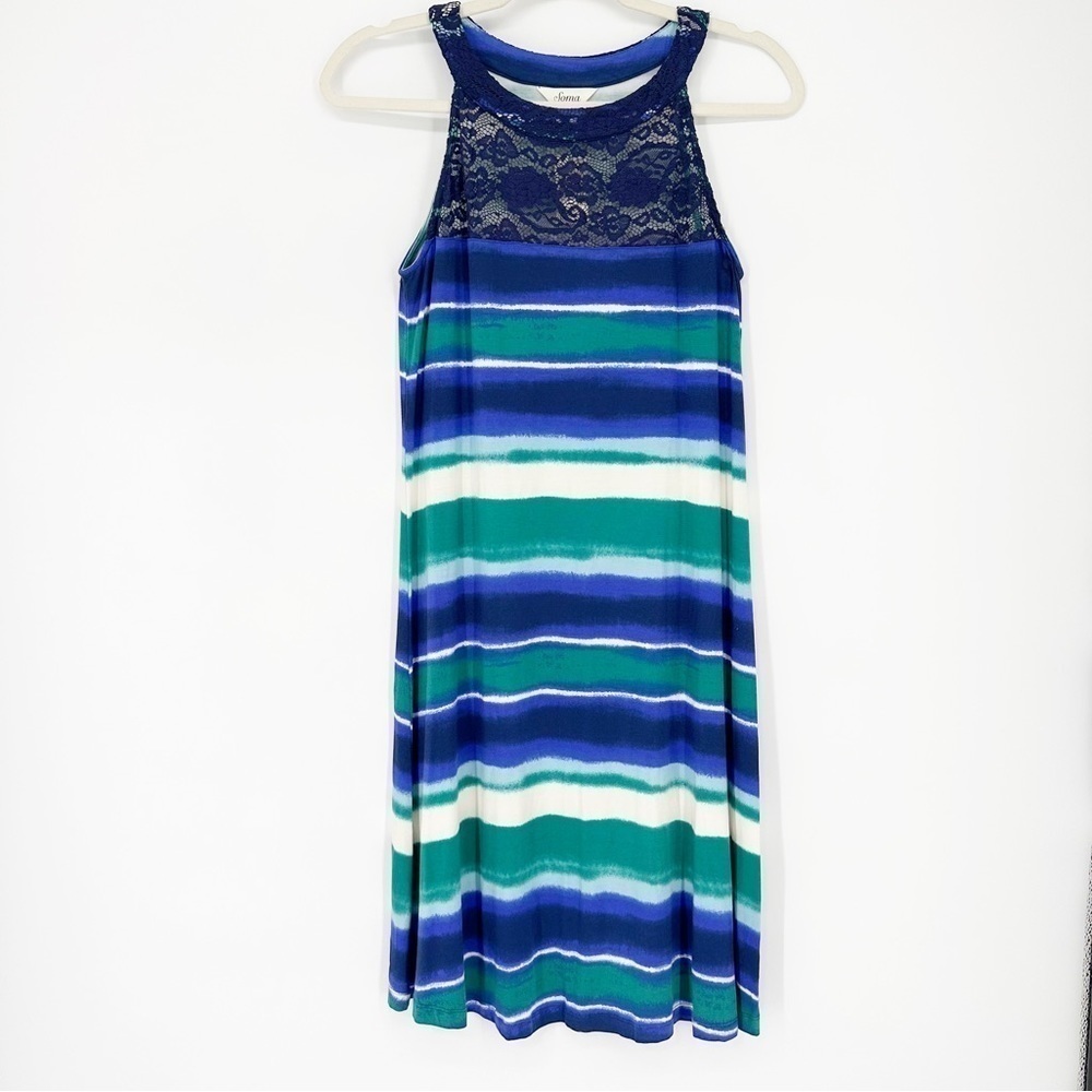 Soma Lace Neck Swing Dress Sea Stripes Small - Picture 2 of 6